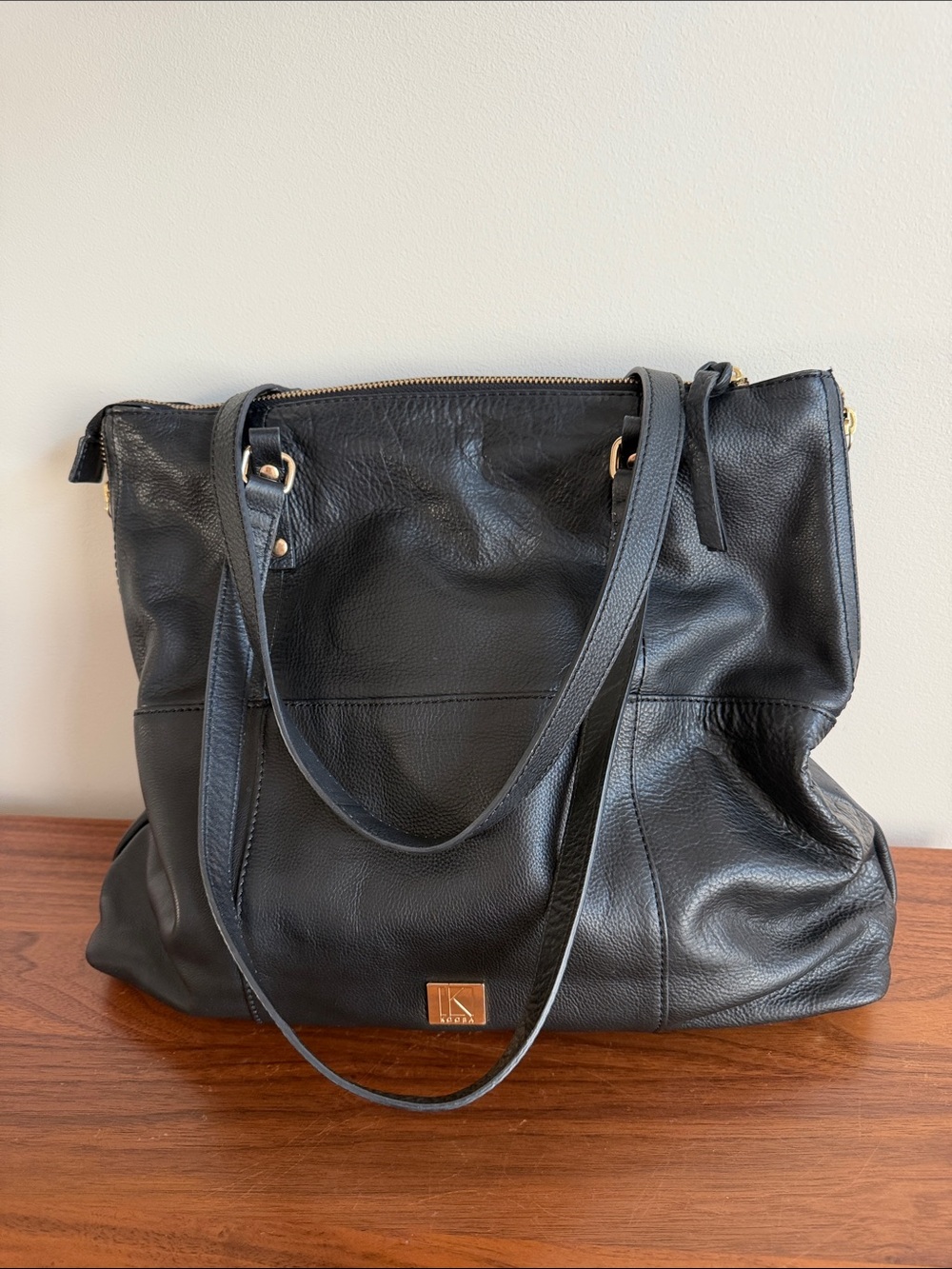 Kooba Everette Pebbled Black Leather Expandable Tote with Gold Accentsi